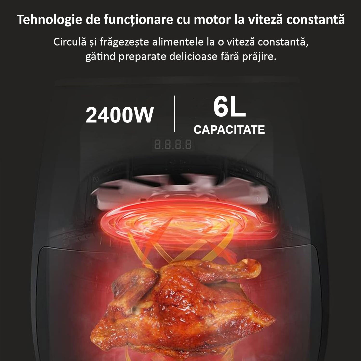 Friteuza cu Aer Cald 6L, 2400W – Air Fryer cu Control Tactil LCD si Afisaj Digital