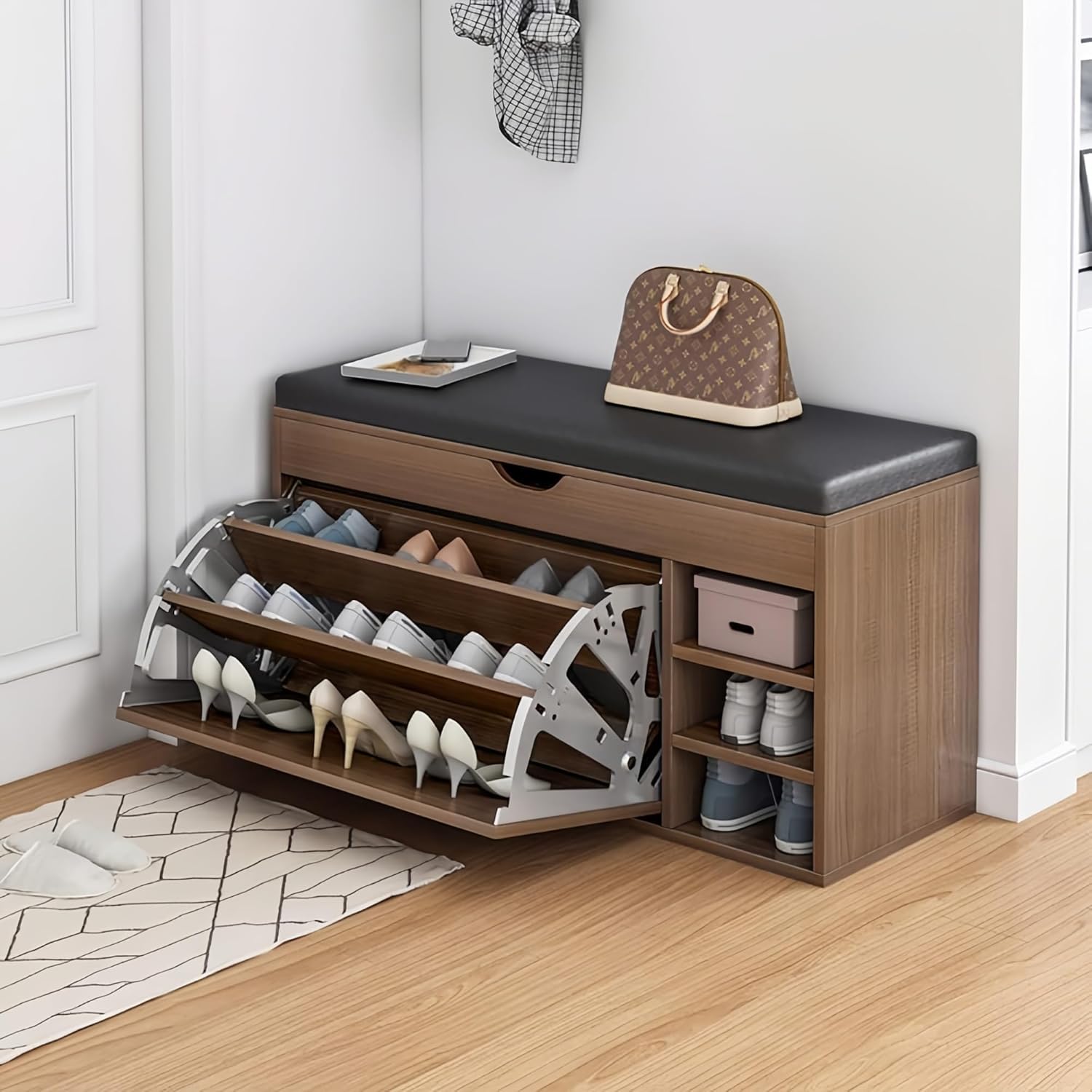 Dulap pentru Pantofi Tip Bancheta, 100 x 34 x 51 cm, Maro/Alb/Gri