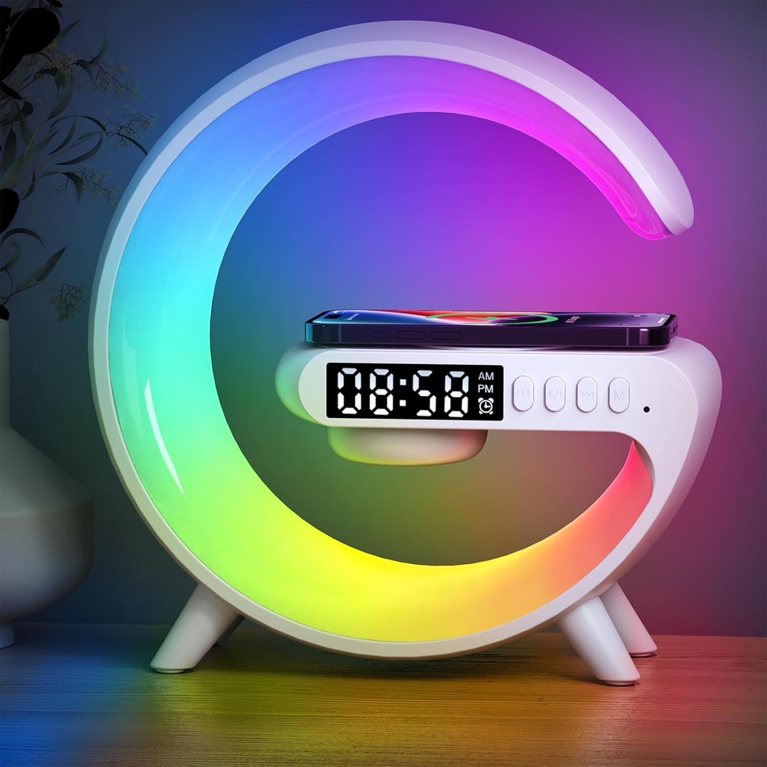 Lampa LED RGB Smart G 3 in 1 –  Ceas, Boxa Bluetooth si Incarcator Wireless pentru Telefon