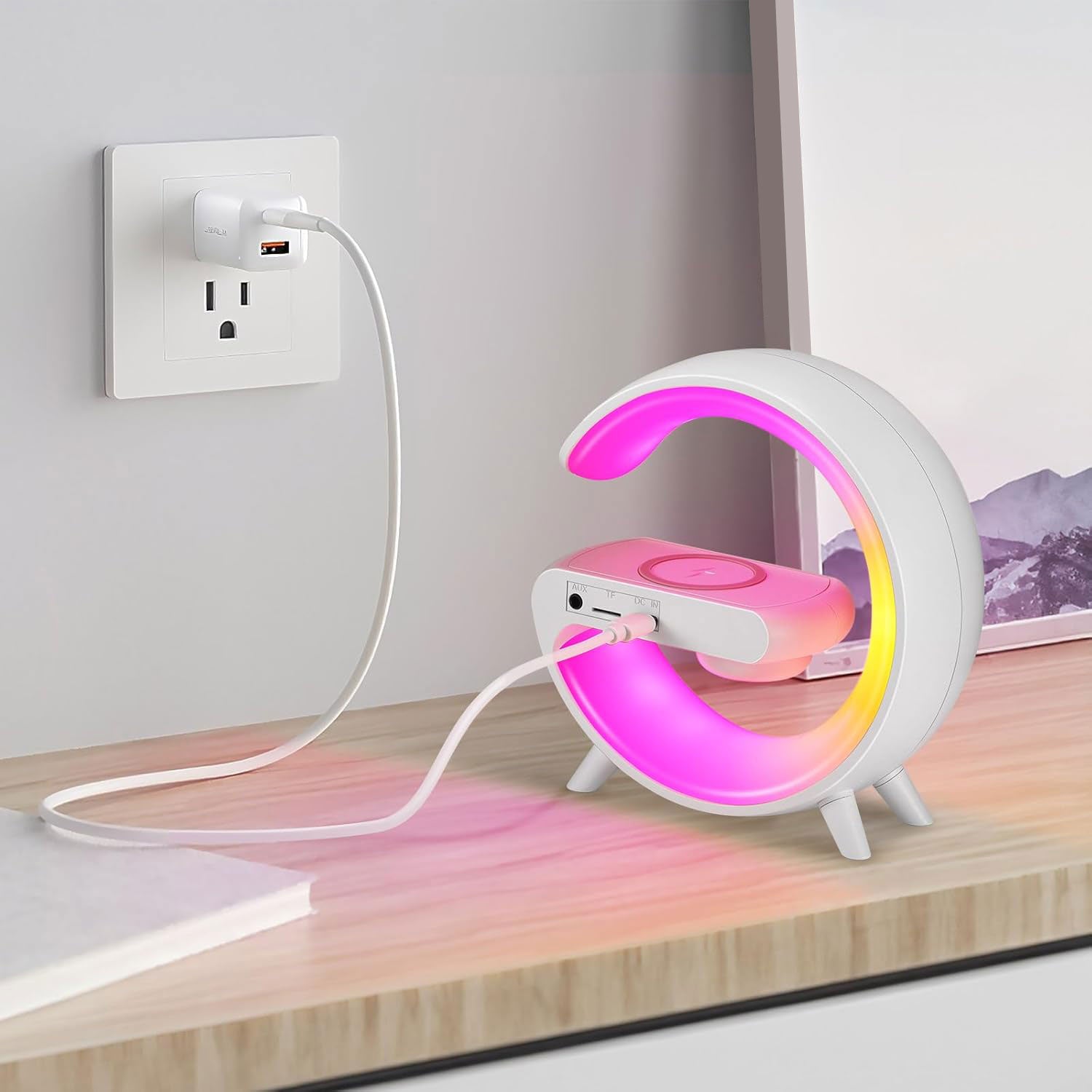 Lampa LED RGB Smart G 3 in 1 –  Ceas, Boxa Bluetooth si Incarcator Wireless pentru Telefon