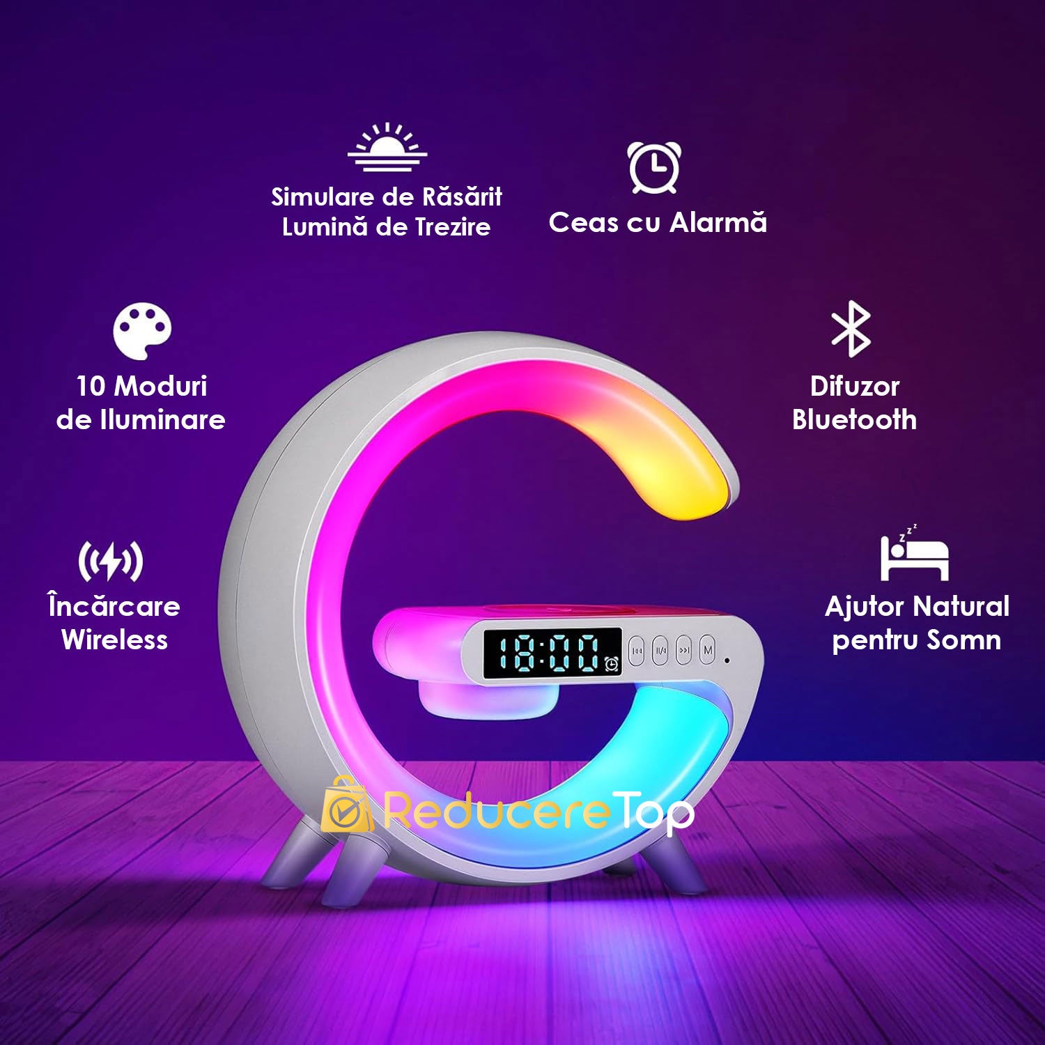 Lampa LED RGB Smart G 3 in 1 –  Ceas, Boxa Bluetooth si Incarcator Wireless pentru Telefon
