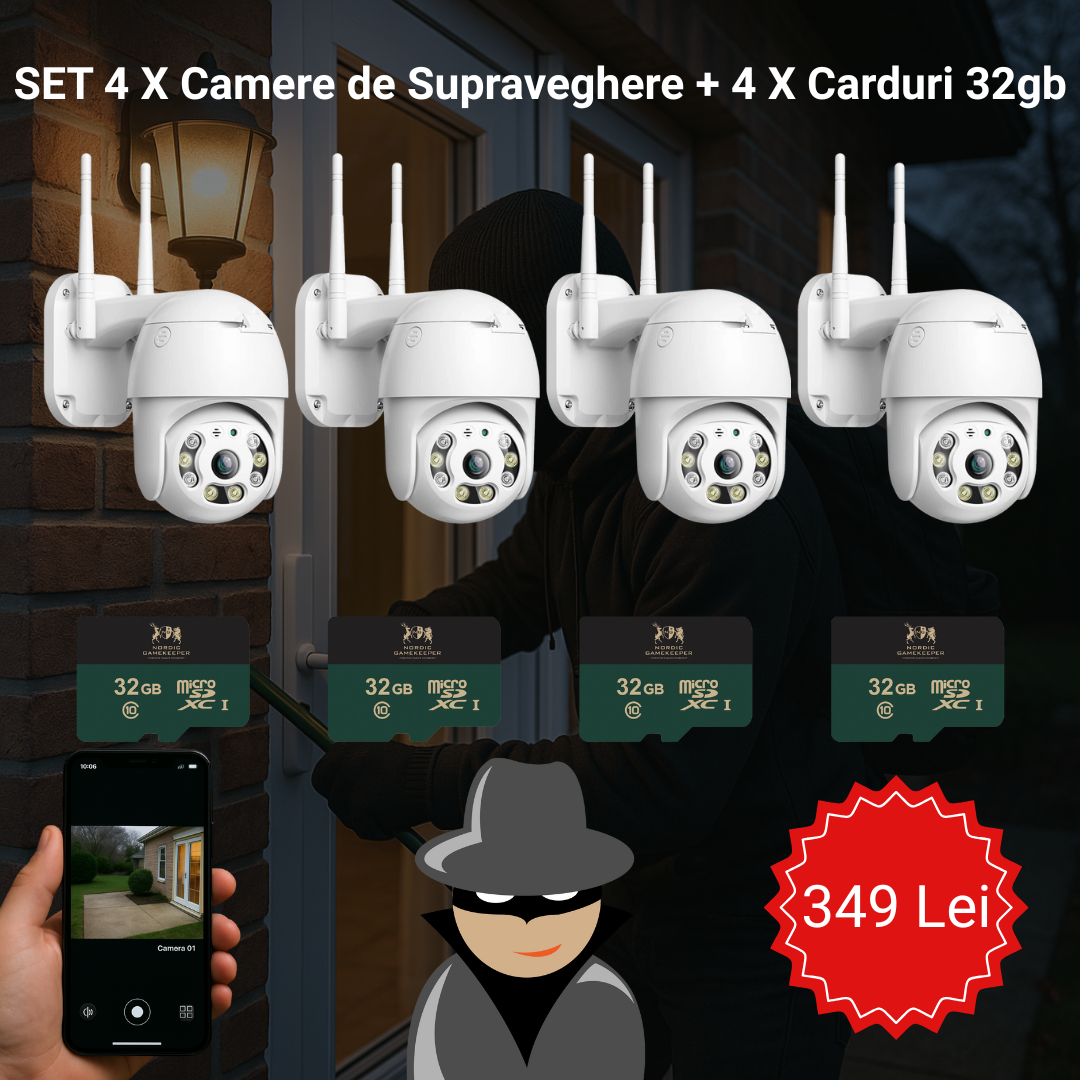 SET 4 X Camere de Supraveghere WIFI 3MP + 4 X Carduri 32gb