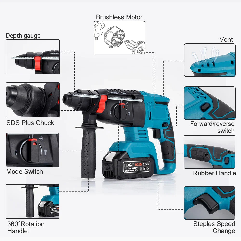 Bormasina cu Percutie Fara Fir Brushless 1850W, 2 Acumulatori 18V, 2580 rpm, Ciocan Rotopercutor SDS Plus