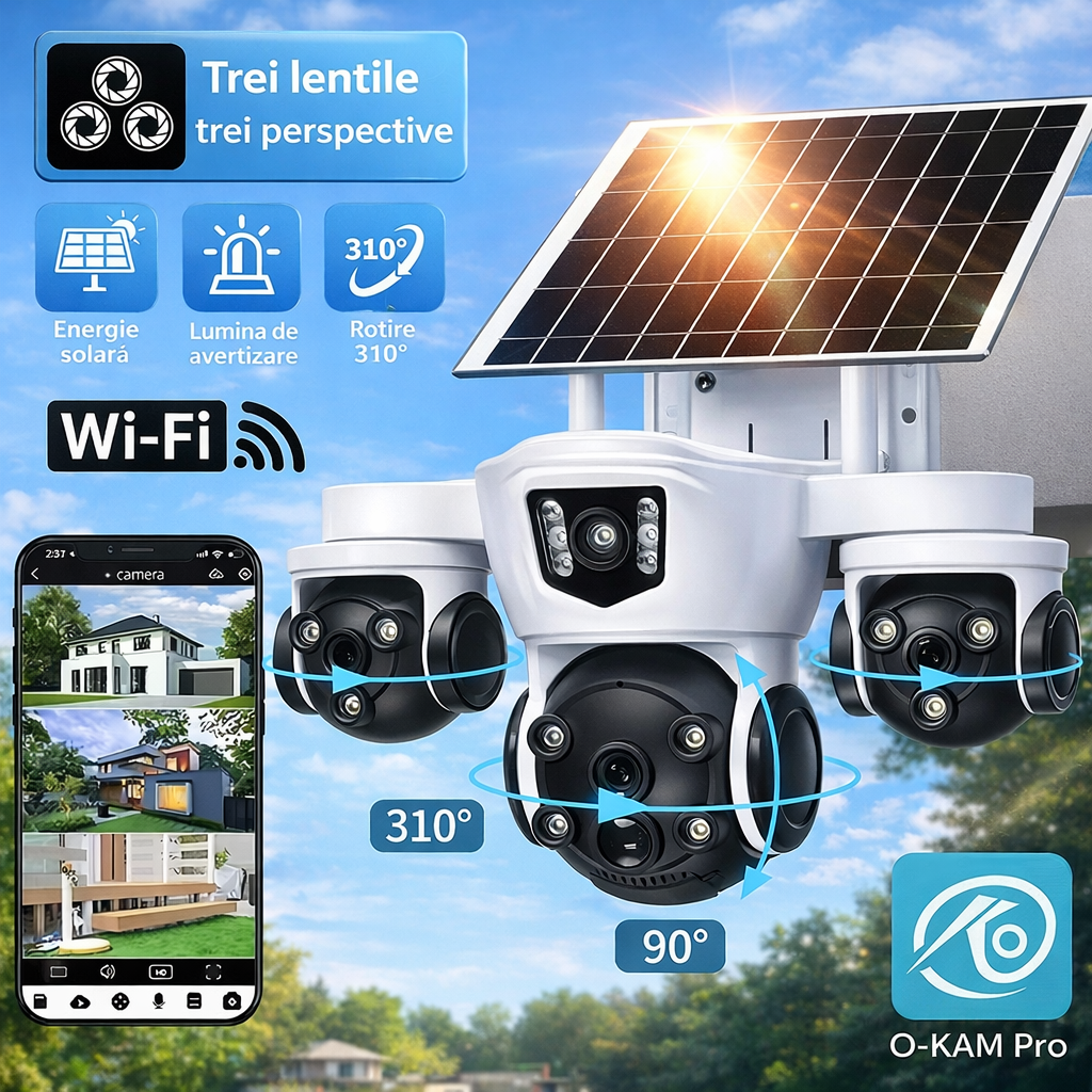 Camera Supraveghere Tripla 6MP Cu Panou Solar | 4G | Vedere Nocturna Color | Detectie Miscare | PTZ 355° | Cu Acumulator Si Card Inclus
