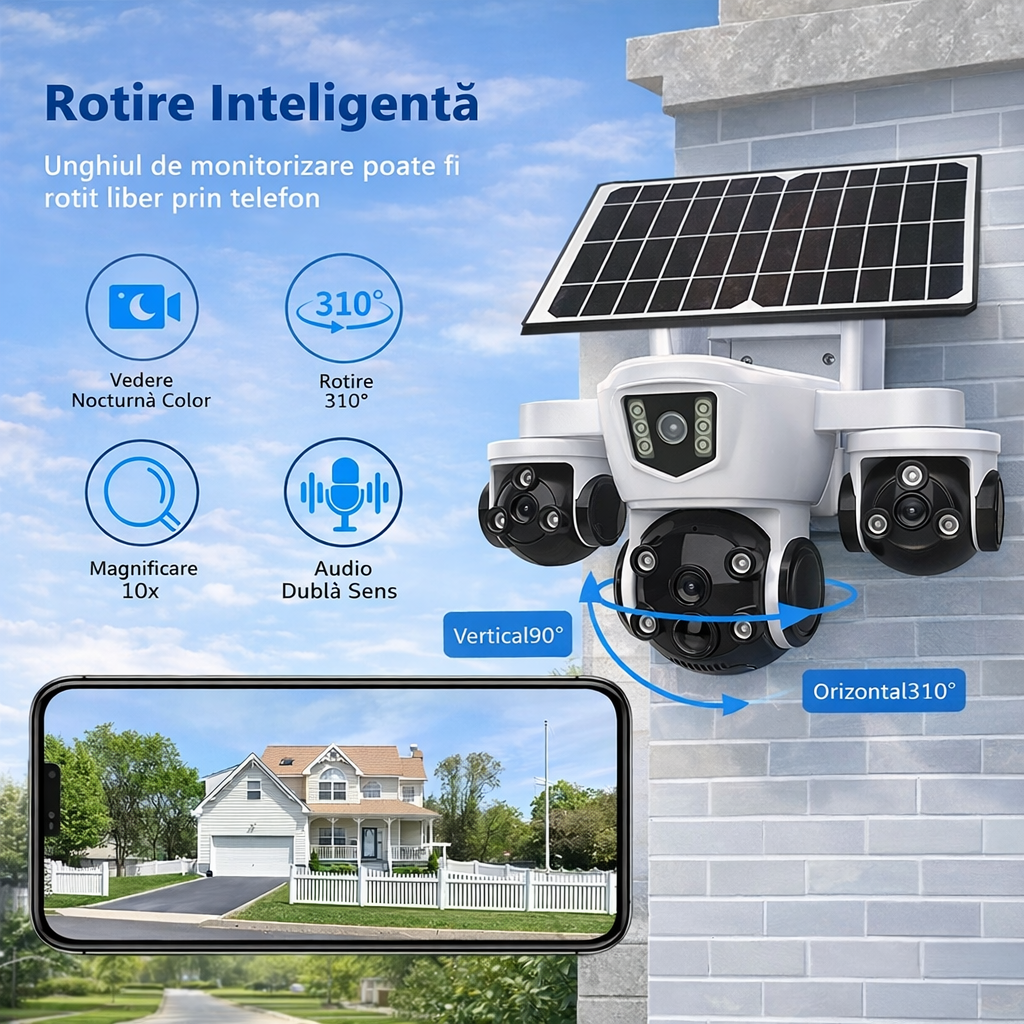 Camera Supraveghere Tripla 6MP Cu Panou Solar | 4G | Vedere Nocturna Color | Detectie Miscare | PTZ 355° | Cu Acumulator Si Card Inclus