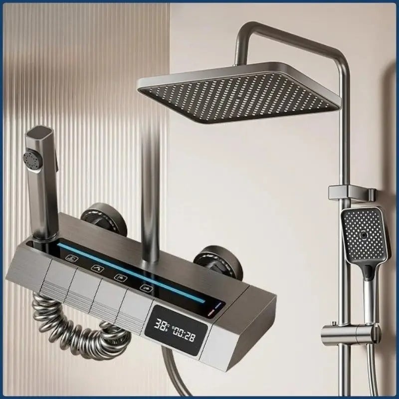 Set coloana de Dus cu para dreptunghiulara, Display LED, comenzi piano, 4 funcții curgere apa, Rotatie 360°, Pulverizare cu aer, robinet ascuns, fara conectare electrica