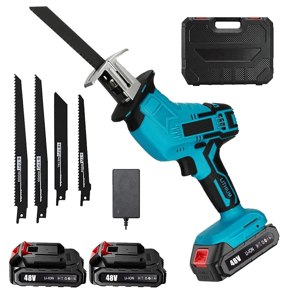 Fierastrau sabie cu 2 Acumulatori 48V, 4 panze, albastru