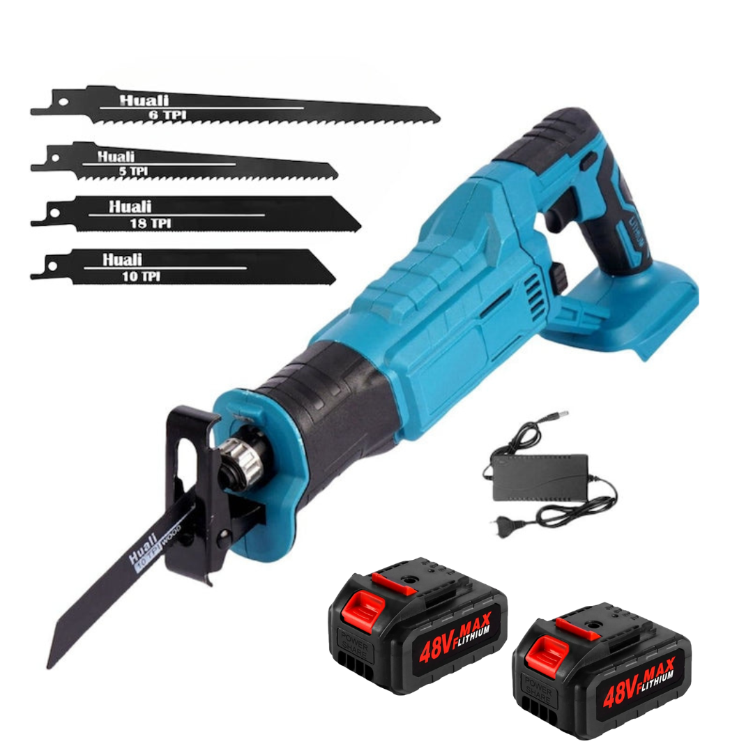 Fierastrau tip sabie cu 2 acumulatori 48V 5Ah, Okboons, 3000 rpm, 4 panze incluse, trusa transport