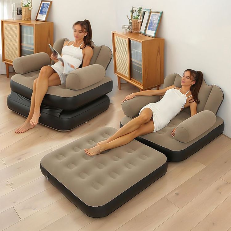 Fotoliu gonflabil, 2 in 1, pliabil, multifunctional, potrivit pentru dormitor si living, usor de depozitat, maro/negru