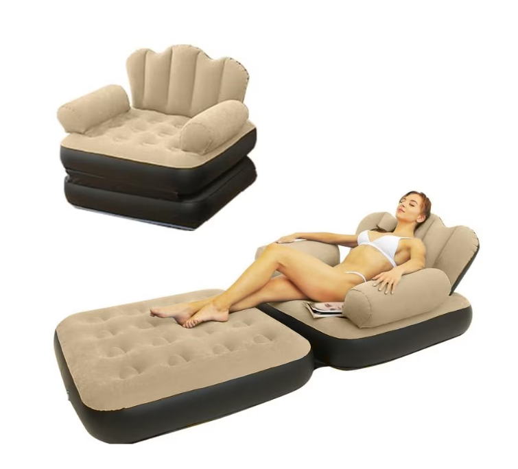 Fotoliu gonflabil, 2 in 1, pliabil, multifunctional, potrivit pentru dormitor si living, usor de depozitat, maro/negru