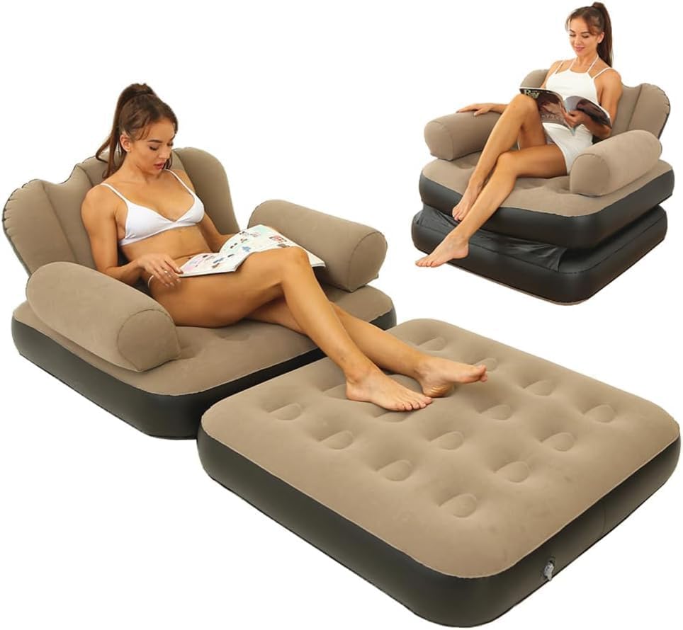 Fotoliu gonflabil, 2 in 1, pliabil, multifunctional, potrivit pentru dormitor si living, usor de depozitat, maro/negru