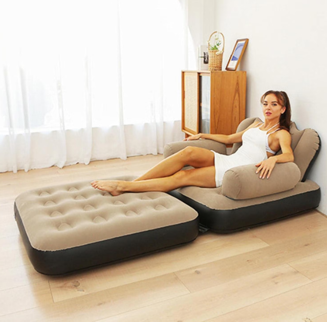 Fotoliu gonflabil, 2 in 1, pliabil, multifunctional, potrivit pentru dormitor si living, usor de depozitat, maro/negru