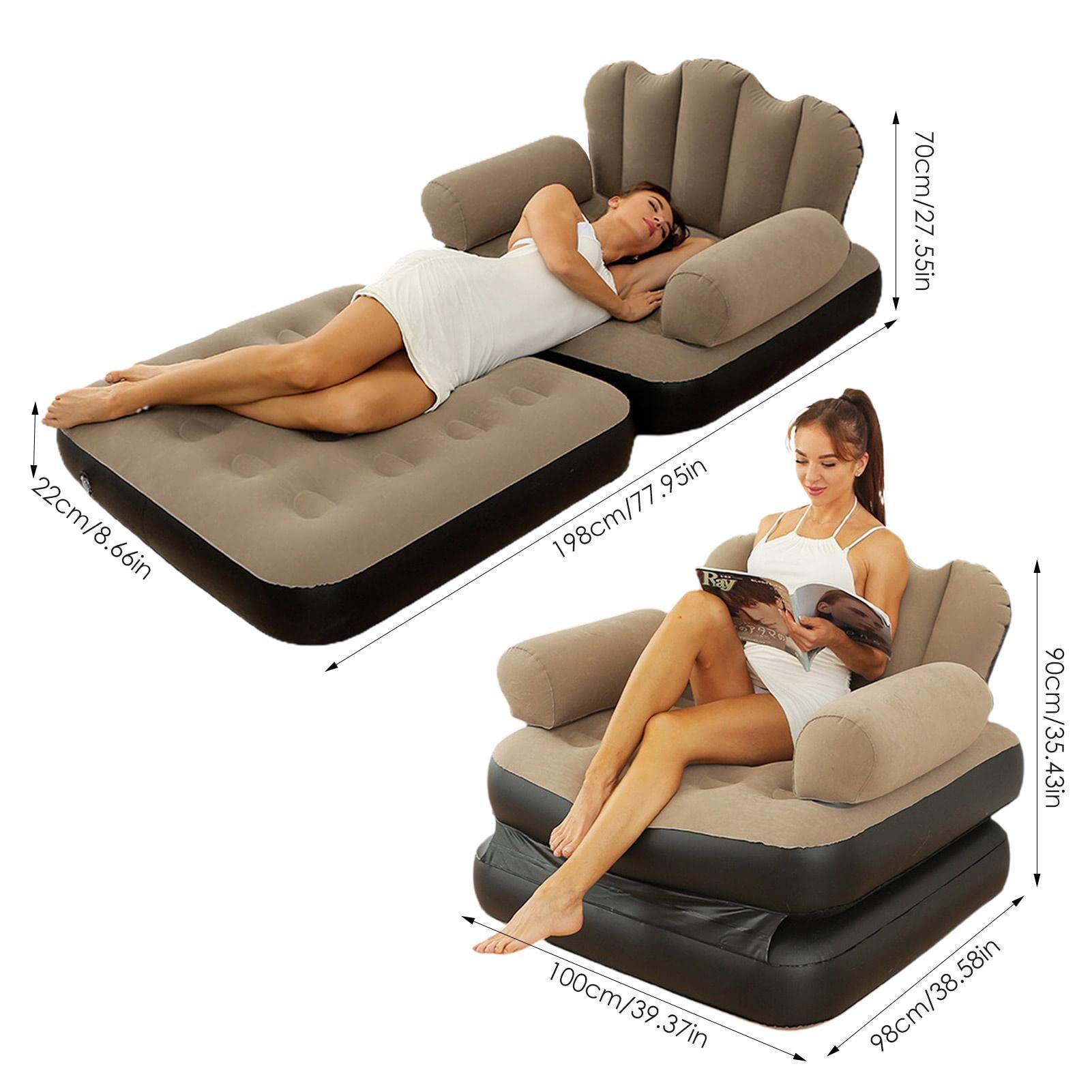 Fotoliu gonflabil, 2 in 1, pliabil, multifunctional, potrivit pentru dormitor si living, usor de depozitat, maro/negru