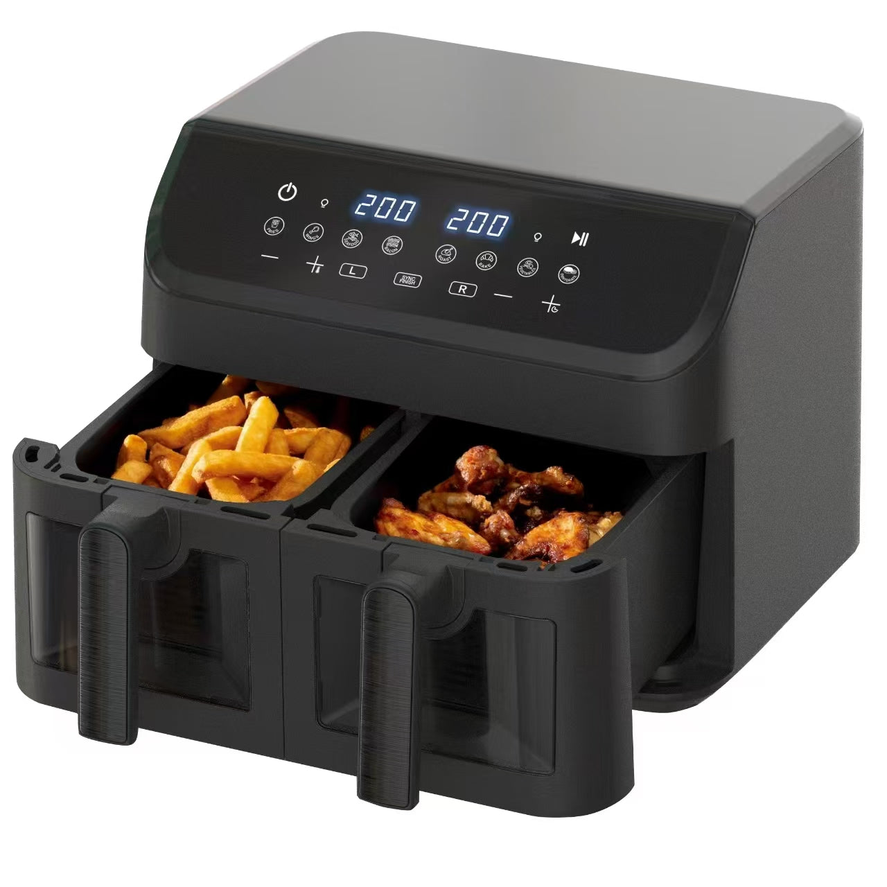 Friteuza Dubla cu aer cald 3000W, Cos Dublu, 10 litri, Termostat 80 - 200 °C, 8 programe predefinite, Negru