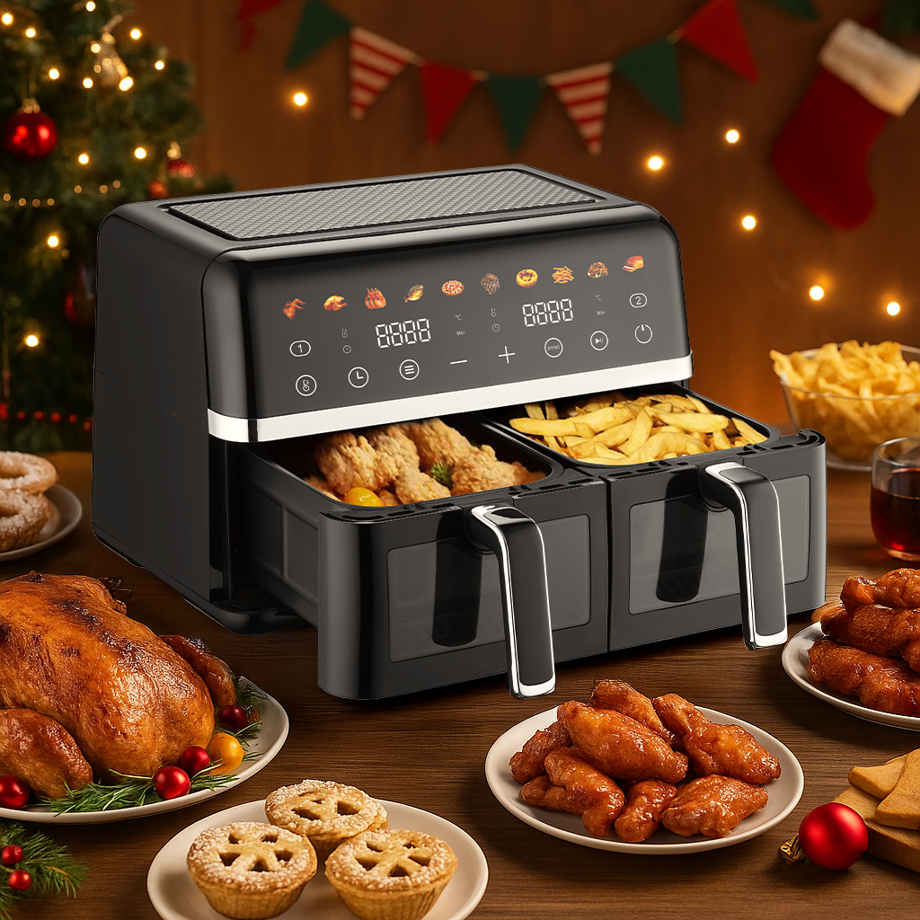 Friteuza Dubla cu aer cald 3000W, Cos Dublu, 10 litri, Termostat 80 - 200 °C, 8 programe predefinite, Negru