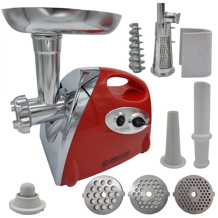 Masina de tocat carne Craft-Tec 3800W, Accesorii rosii, carnati, chiftele, 3 site, functia revers, motor cupru