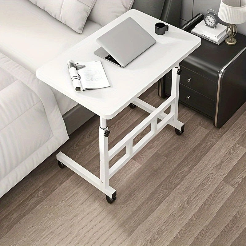 Masuta Laptop Reglabila cu Roti pentru Canapea si Pat, Blat Lemn, Cadru Metalic, Inaltime Ajustabila 63–80 cm