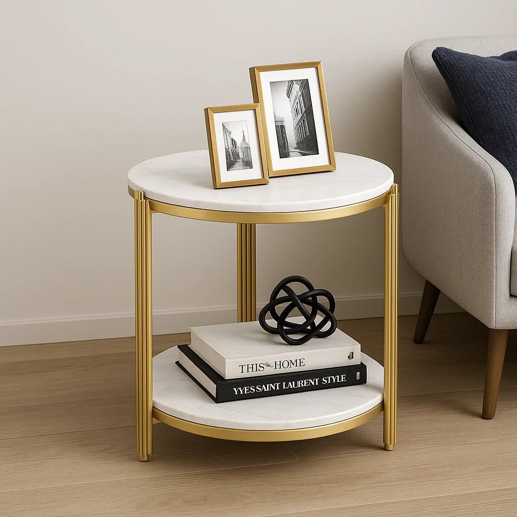 Masuta rotunda pe 2 nivele, blat tip piatra, cadru metalic auriu, design elegant, 60x30 cm