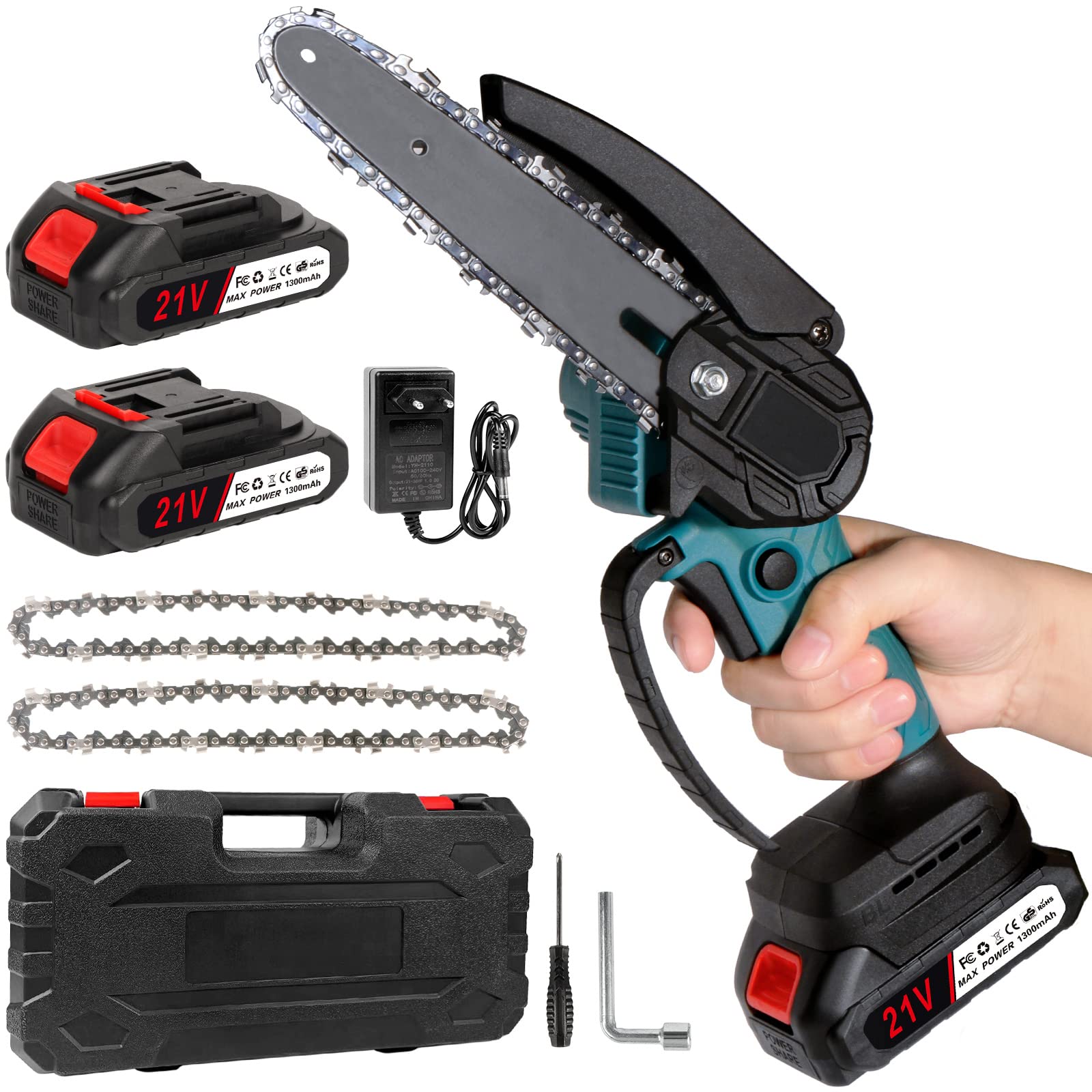 Mini drujba cu lant,fara fir,lama 6 inch,portabil,cu 2 acumulatori 48V+2 lanturi