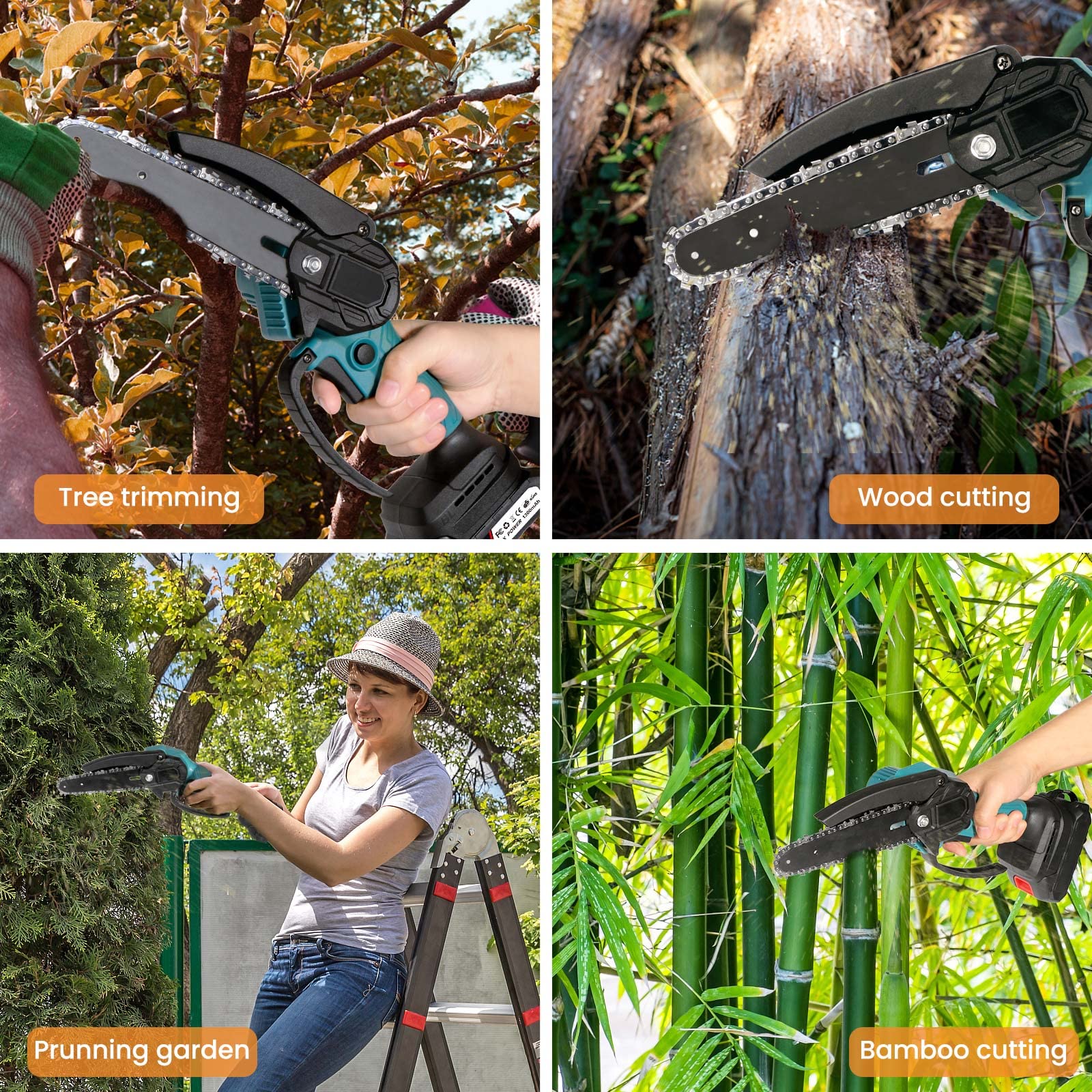 Mini drujba cu lant,fara fir,lama 6 inch,portabil,cu 2 acumulatori 48V+2 lanturi