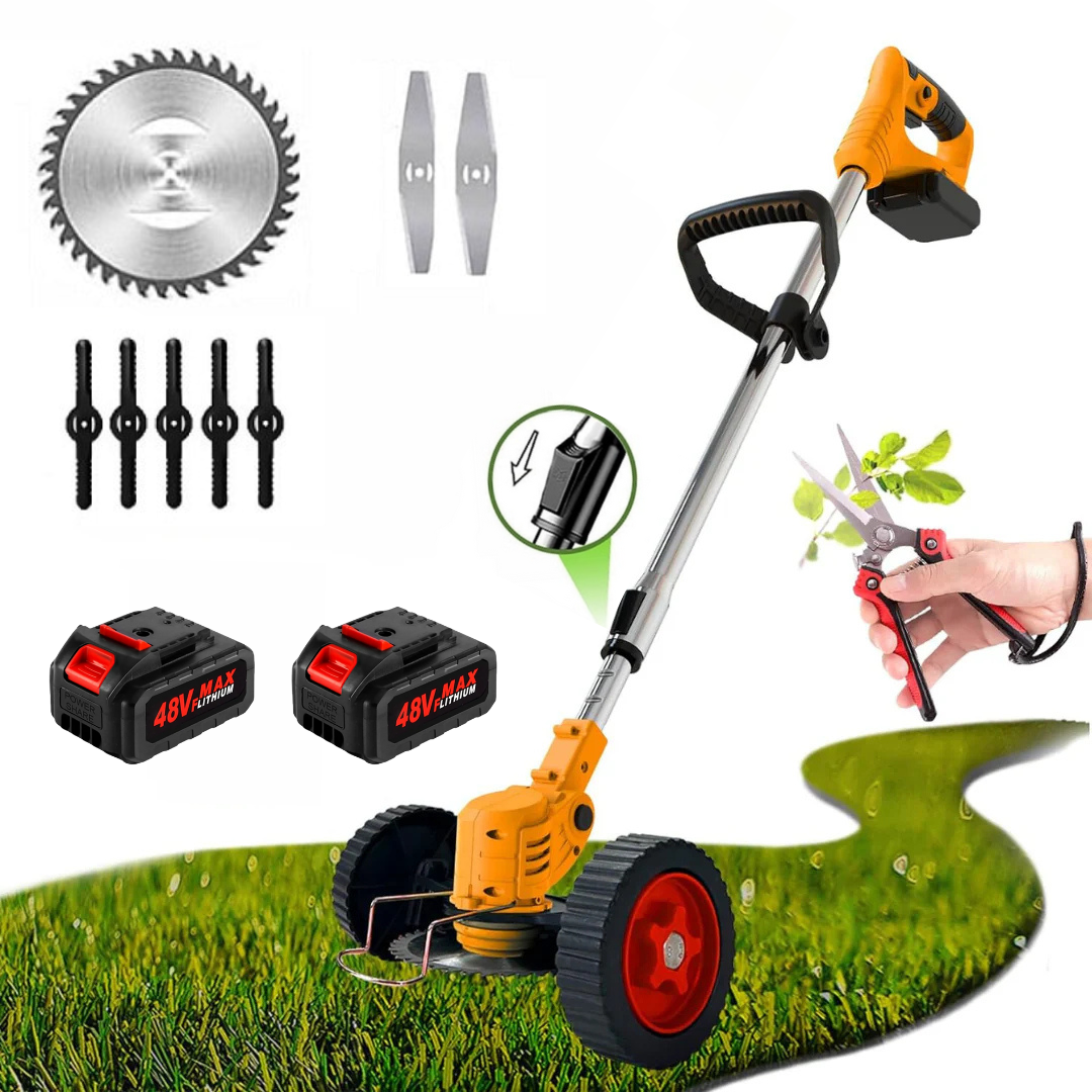 Motocoasa Electrica cu 2 Acumulatori 48V si Set Roti Detasabile, 4000 mAh, 18000 RPM, Disc + 2x Lama + 5x palete INCLUSE