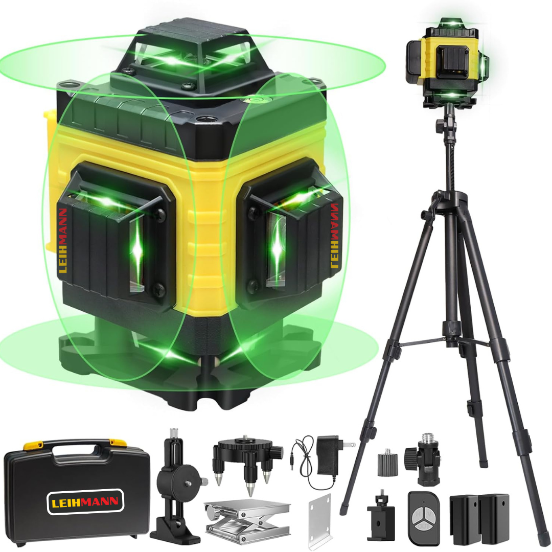 Nivela Laser 4D cu 16 Linii, Autonivelare, Telecomandă, Lumina Verde, Trepied 150 cm, Platformă de Ridicare