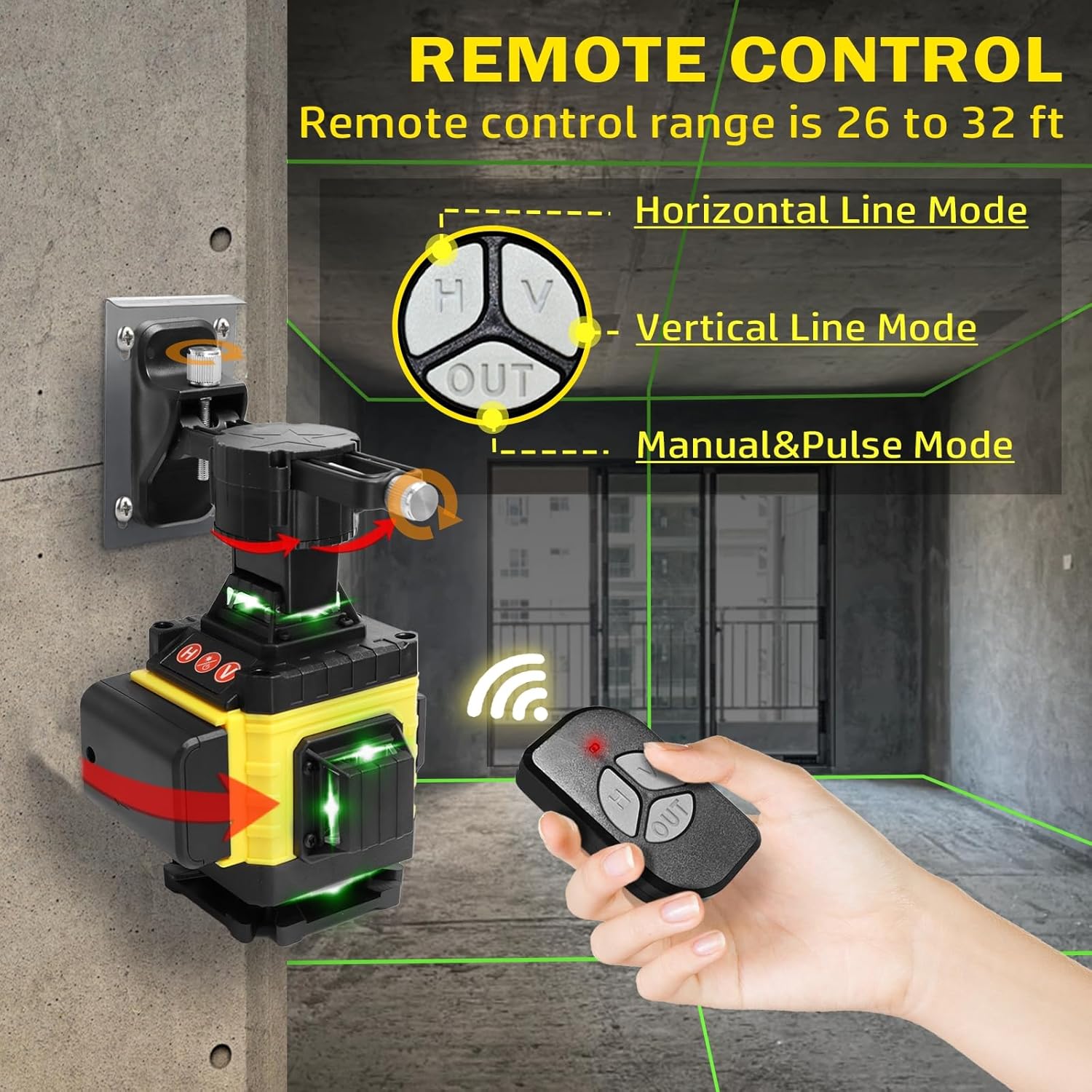 Nivela Laser 4D cu 16 Linii, Autonivelare, Telecomandă, Lumina Verde, Trepied 150 cm, Platformă de Ridicare