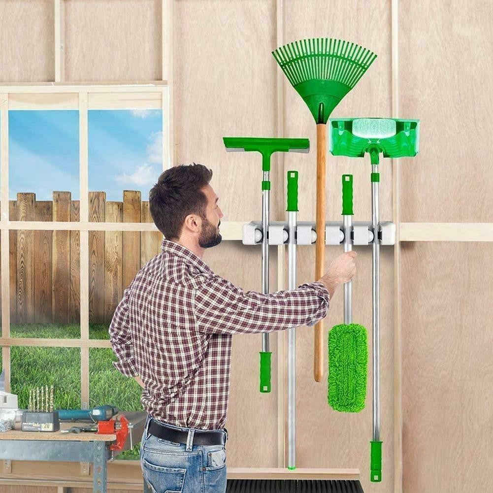 Organizator universal, suport de perete multifunctional pentru mop si matura, cu 5 locuri