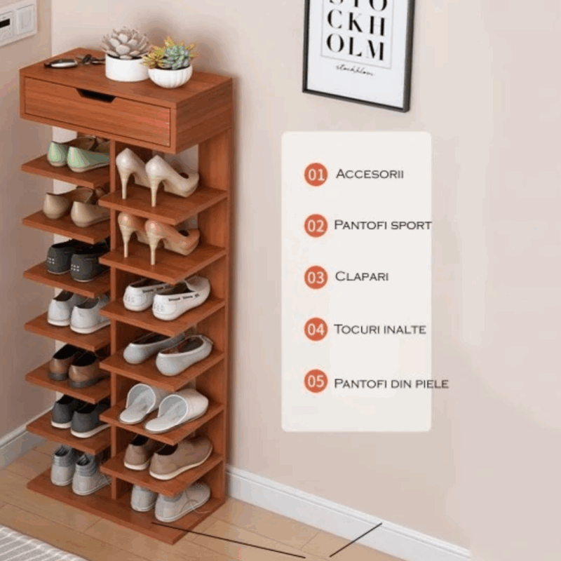 Pantofar cu 7 Etaje din PAL - Organizator Pantofi Elegant, Culoare Lemn , Maro