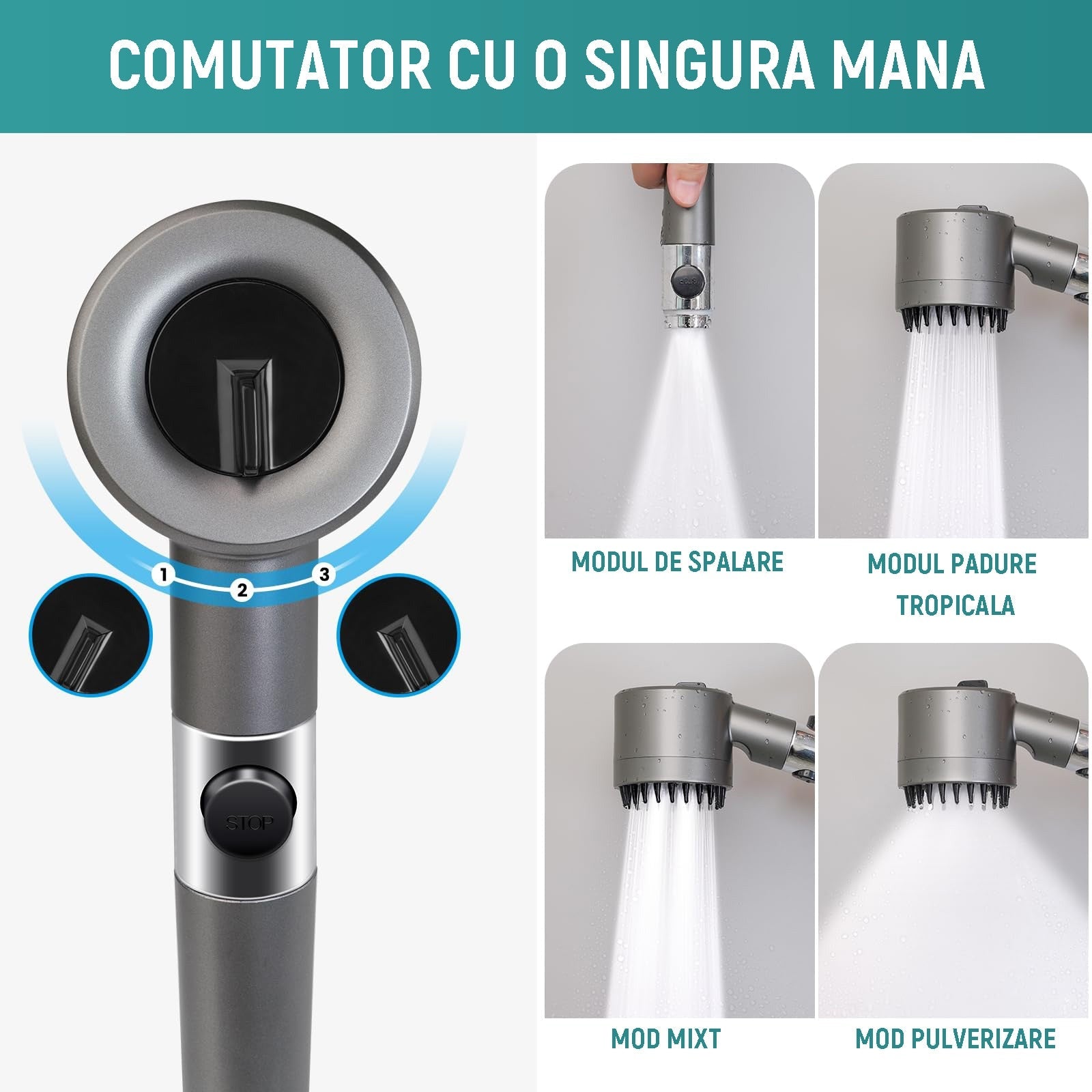 Para de dus de inalta presiune, 3 functii diferite si perie atasata