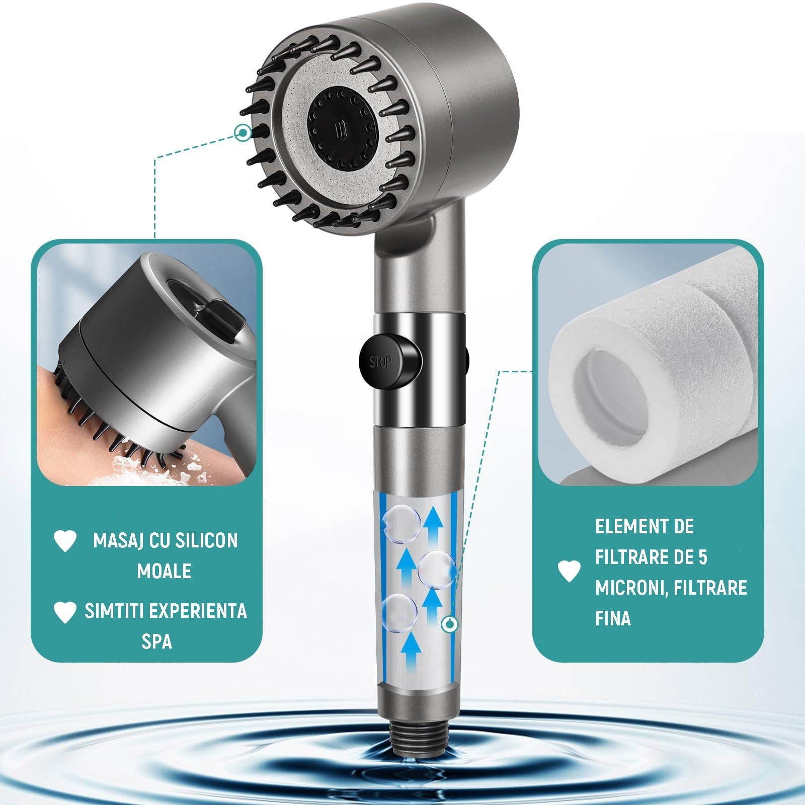 Para de dus de inalta presiune, 3 functii diferite si perie atasata