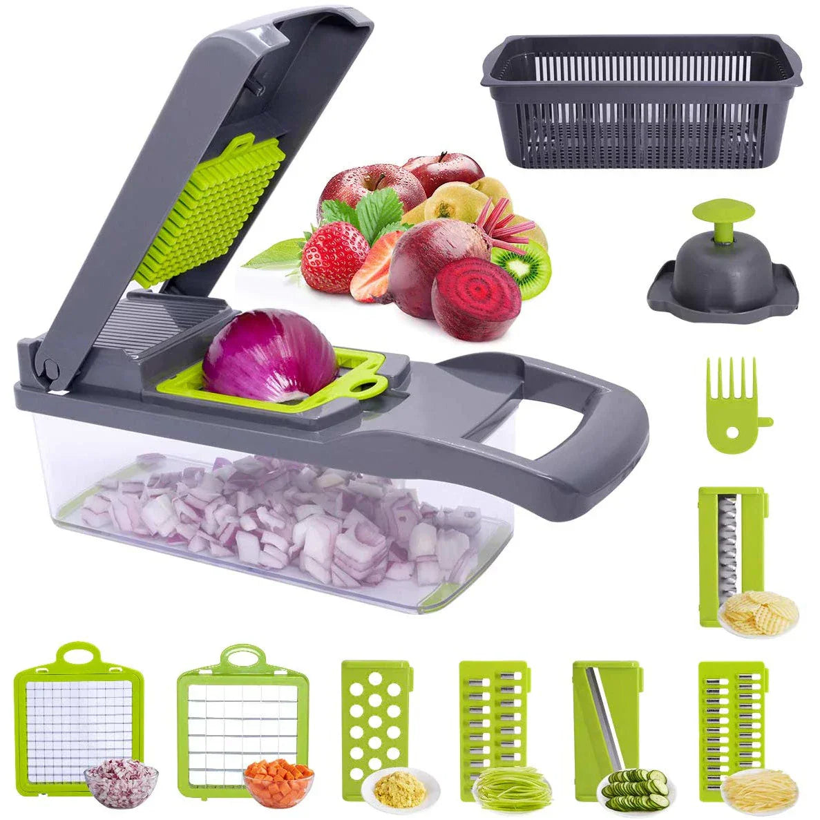 Razatoare multifunctionala legume si fructe 16 piese, lame inox + maner protectie