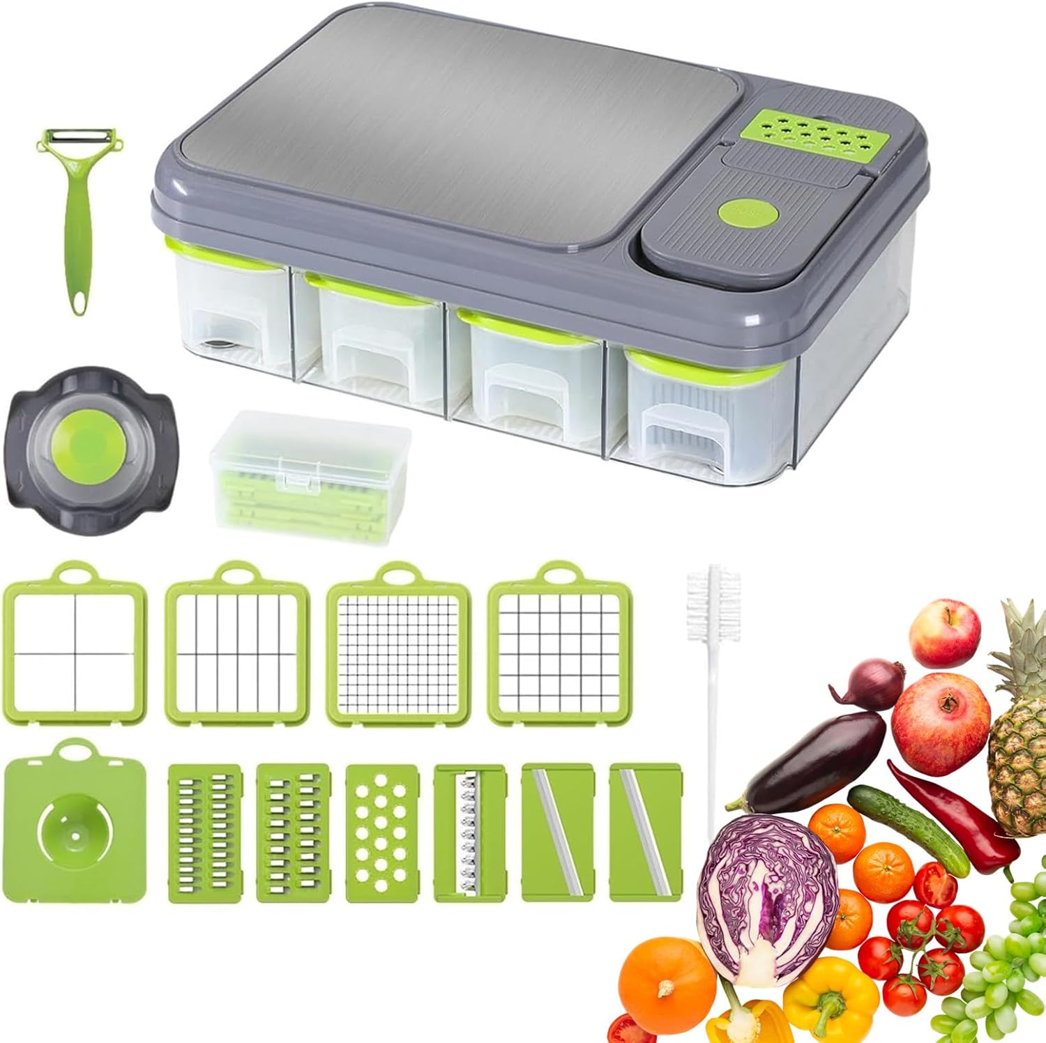 Razatoare si Tocator Multifunctional 28 Piese, Accesorii Interschimbabile, Lama Otel Inoxidabil, Pentru Legume si Fructe, Feliere, Radere, Maruntire, Separator Ou, Recipient Depozitare, Gri/Verde