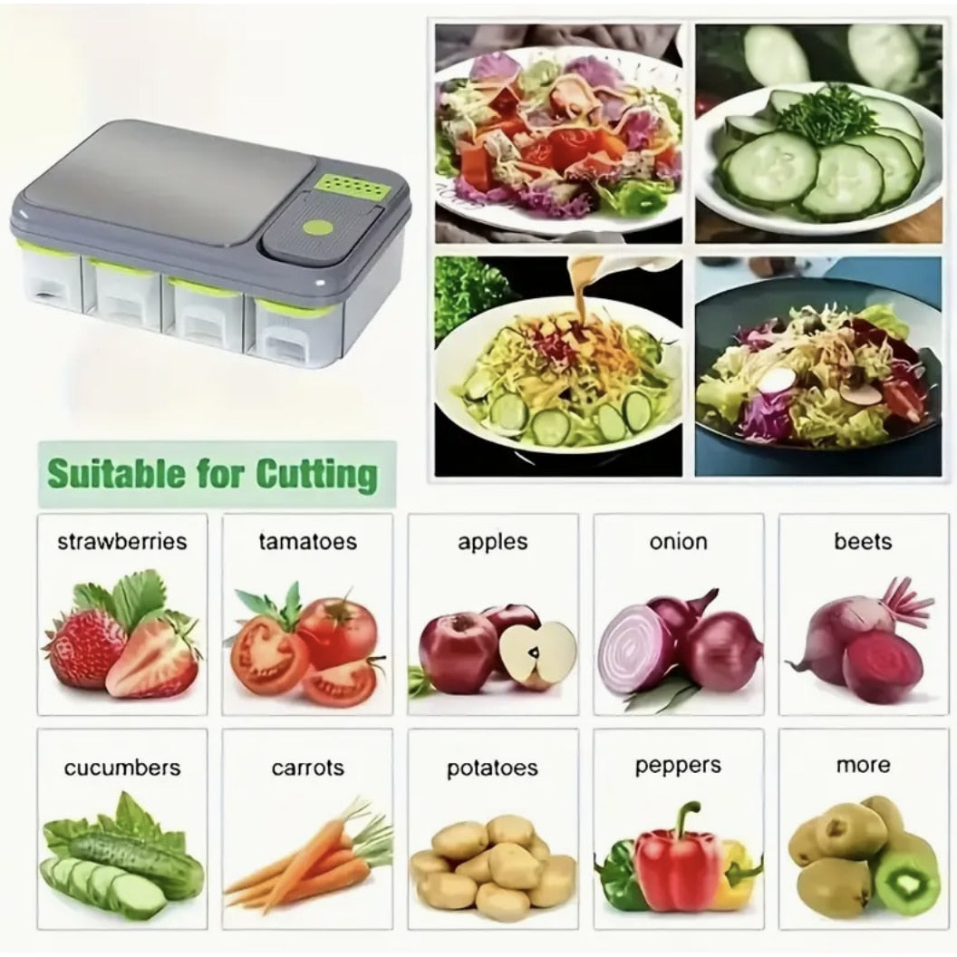 Razatoare si Tocator Multifunctional 28 Piese, Accesorii Interschimbabile, Lama Otel Inoxidabil, Pentru Legume si Fructe, Feliere, Radere, Maruntire, Separator Ou, Recipient Depozitare, Gri/Verde