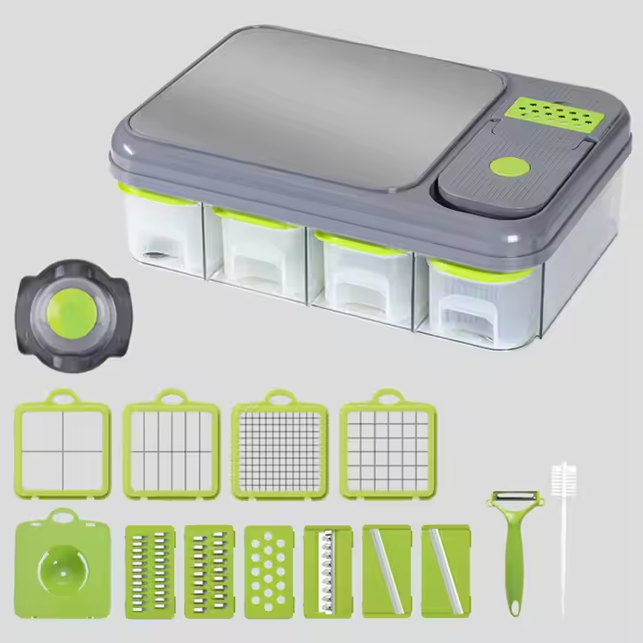 Razatoare si Tocator Multifunctional 28 Piese, Accesorii Interschimbabile, Lama Otel Inoxidabil, Pentru Legume si Fructe, Feliere, Radere, Maruntire, Separator Ou, Recipient Depozitare, Gri/Verde