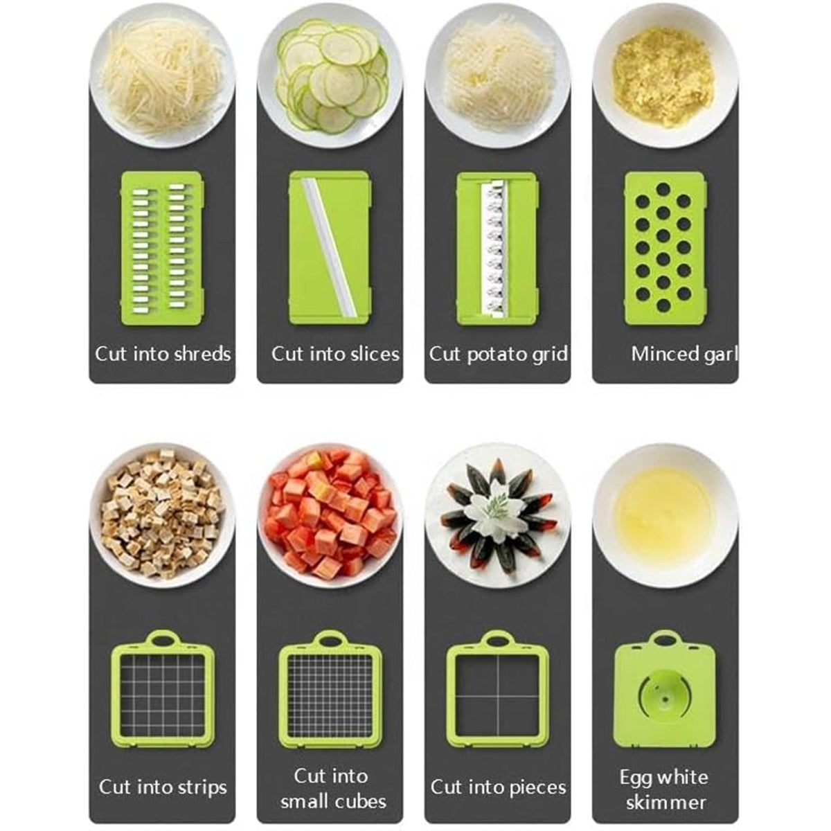 Razatoare si Tocator Multifunctional 28 Piese, Accesorii Interschimbabile, Lama Otel Inoxidabil, Pentru Legume si Fructe, Feliere, Radere, Maruntire, Separator Ou, Recipient Depozitare, Gri/Verde