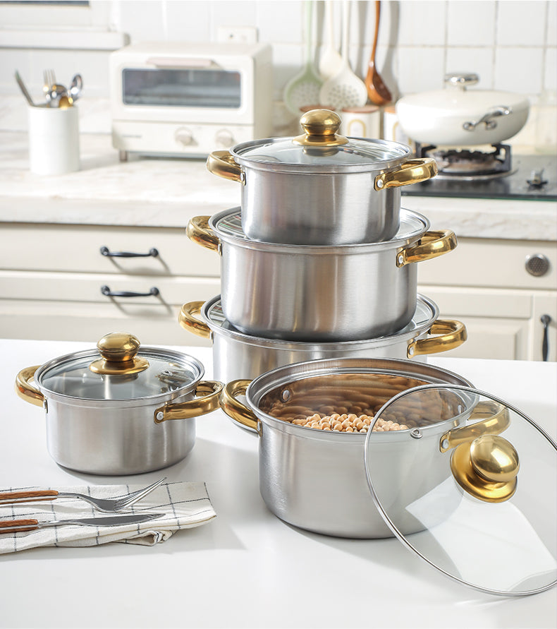Set de oale din inox cu 10 piese, capace din sticla