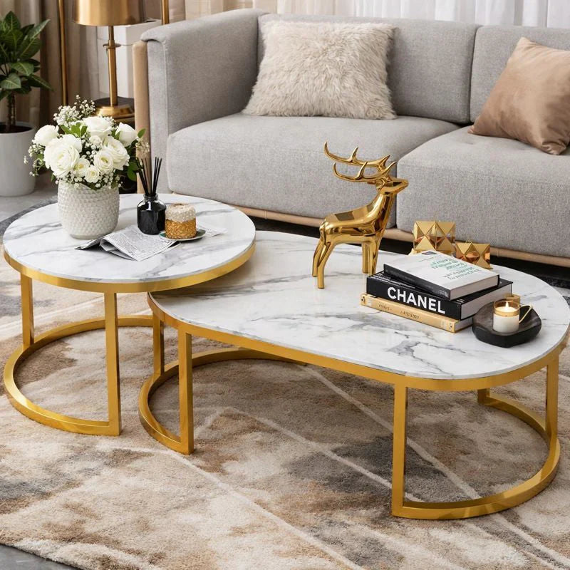 Set 2 Mese Cafea, Design Modern Minimalist, Blat Alb Efect Marmura, Cadru Metalic Auriu