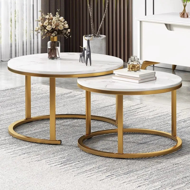 Set 2 masute rotunde de cafea cu efect de marmura, blat MDF, cadru metalic auriu, 70x45 cm si 50x38 cm