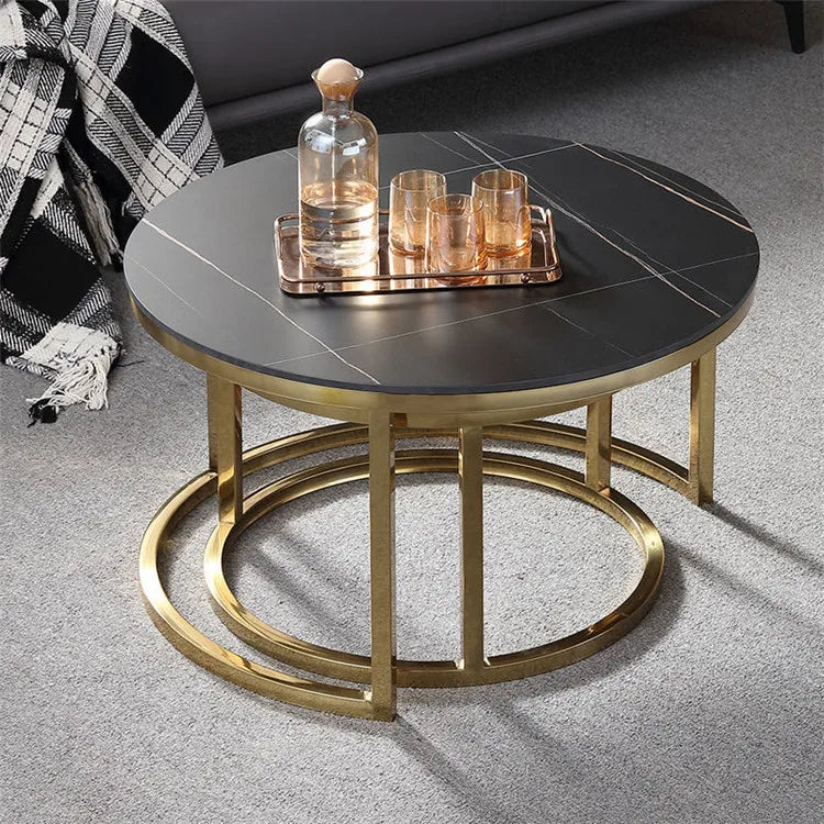 Set 2 masute rotunde de cafea cu efect de marmura, blat MDF, cadru metalic auriu, 70x45 cm si 50x38 cm