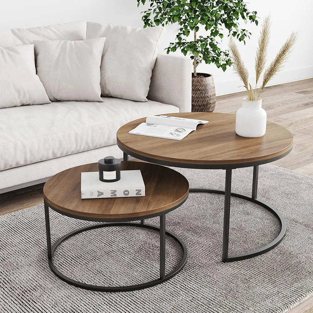 Set 2 masute rotunde de cafea cu efect de marmura, blat MDF, cadru metalic auriu, 70x45 cm si 50x38 cm