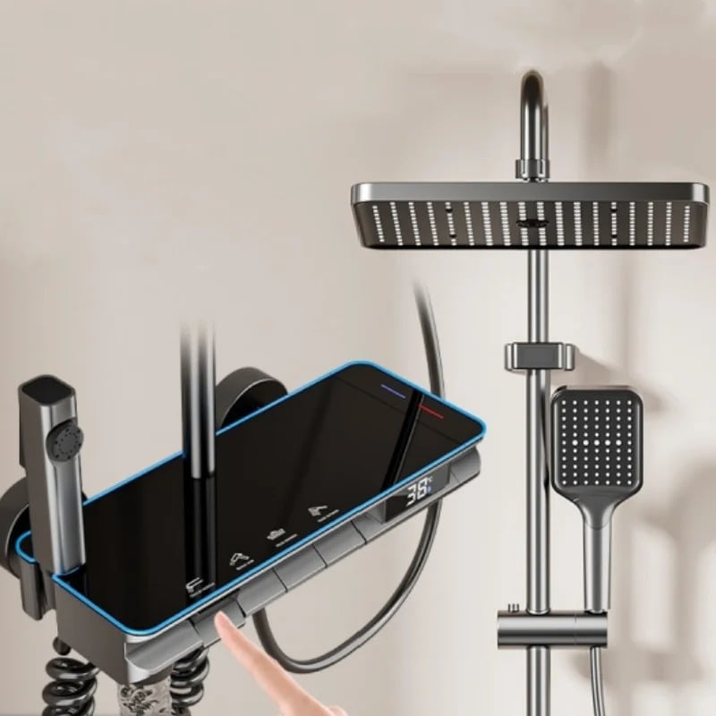 Set Coloana Baterie Dus cu Afisaj Electronic si Lumini LED, 4 Moduri de Curgere a apei, Premium, Negru cu Gri