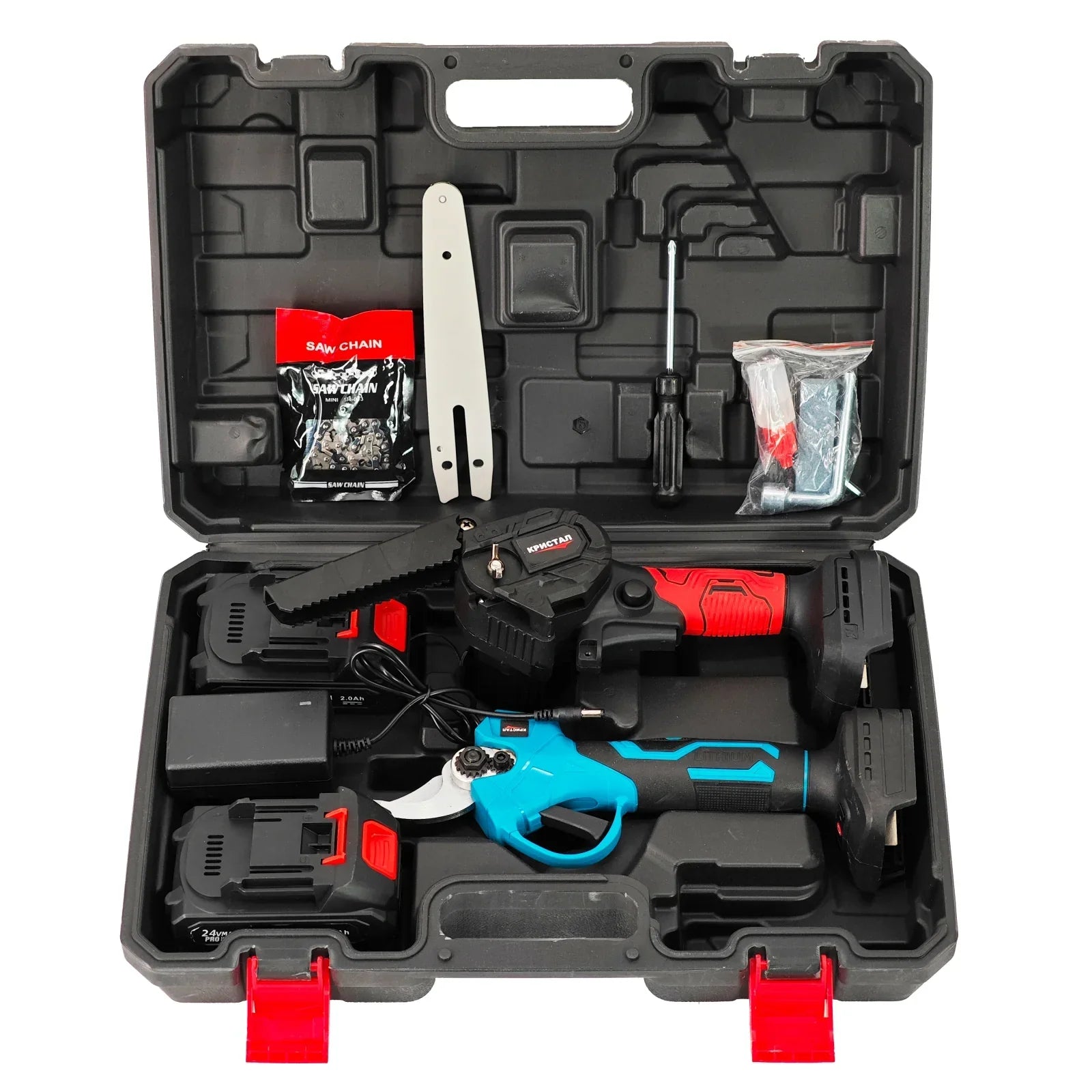 Set Foarfeca + MiniDrujba cu Sistem Ungere Lant, cu 2 Acumulatori 48V 6AH, Trusa Depozitare Inclusa