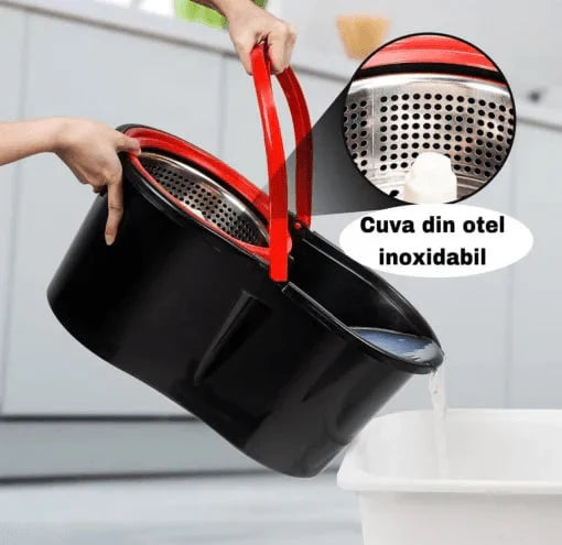 Set Mop Magic Rotativ 360° cu Talpa și Cuvă din Inox, 4 Rezerve Diferite + Perie Rosturi, Covoare Incluse