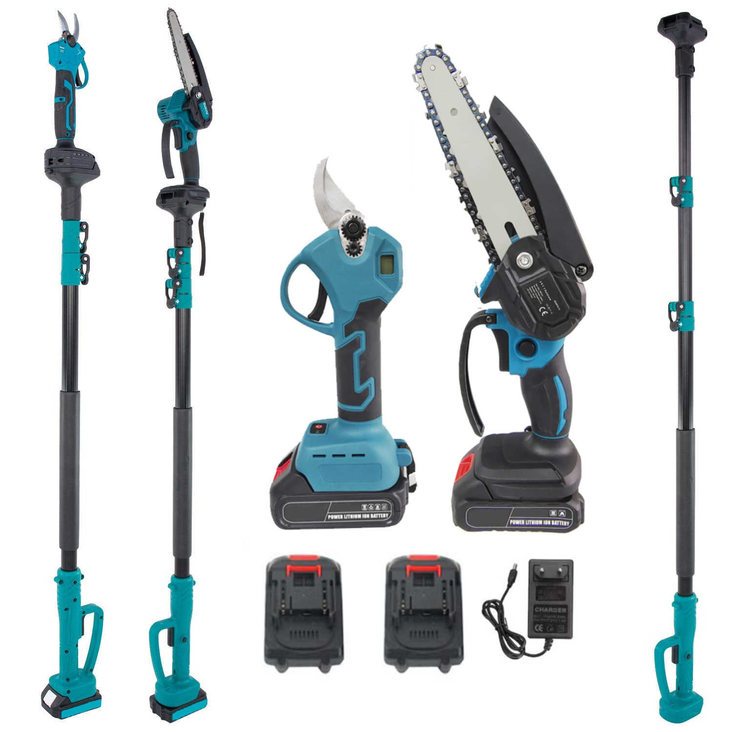 Set foarfeca gradina si mini drujba, 2 acumulatori 48V, cu brat 2.13m telescopic, unghi de taiere reglabil