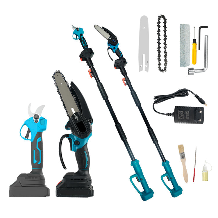 Set foarfeca gradina si mini drujba, 2 acumulatori 48V, cu brat 2.13m telescopic, unghi de taiere reglabil