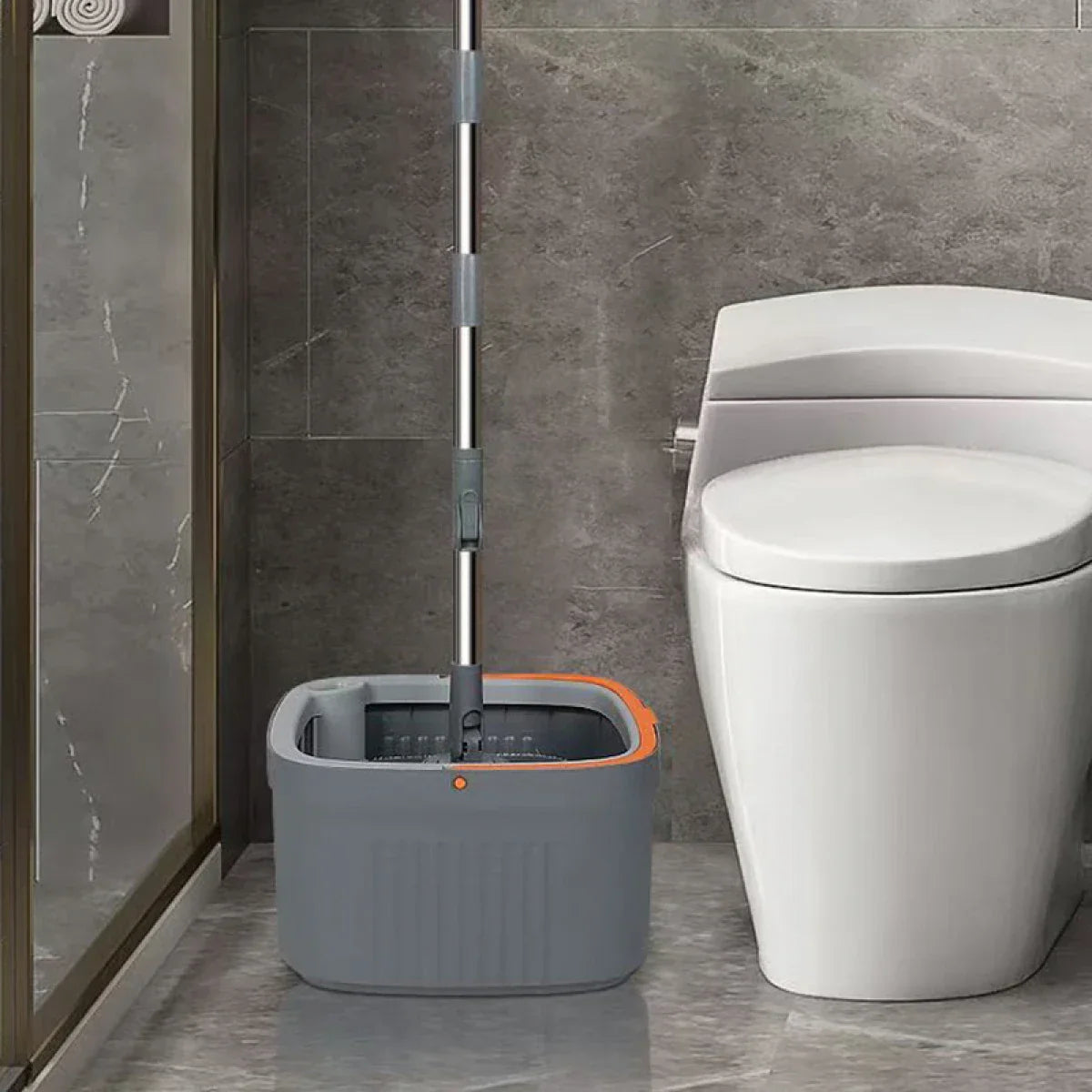 Set mop rotativ 360° cu galeata centrifuga, separare apa curata de apa murdara, sistem evacuare apa, 4 rezerve, gri