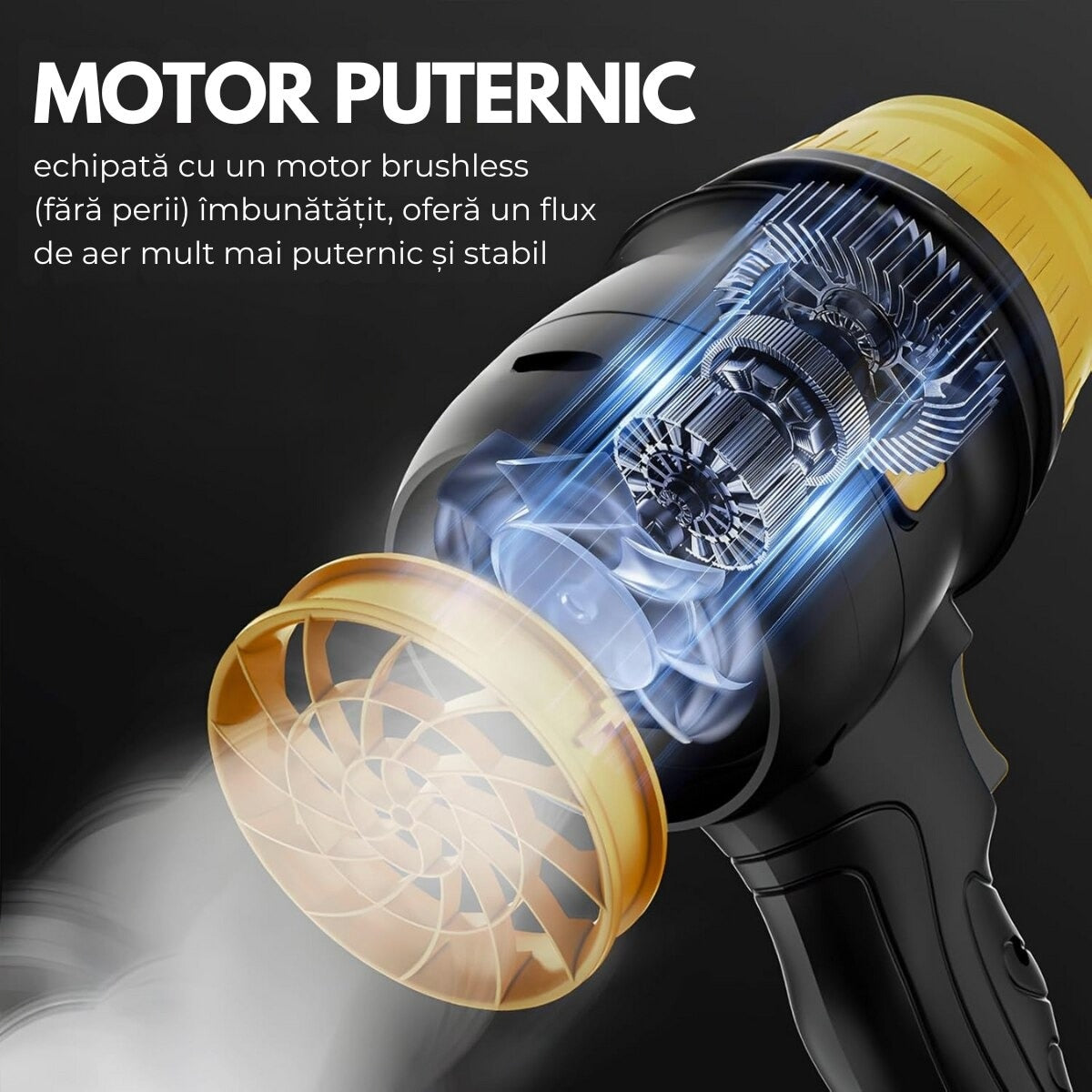 Suflanta Aer Portabila cu 2 Acumulatori 48V, 34000 RPM, Uscare Masina, Suflat Frunze, Yellow Hurricane