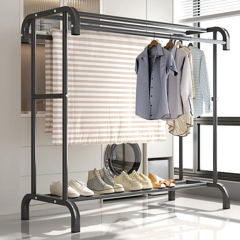 Suport dublu de umerase pentru haine, cu 1 suport de pantofi, din metal, cu raft depozitare deasupra – 50KG greutate maxima, 150x120x48cm
