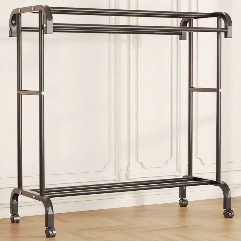 Suport dublu de umerase pentru haine, cu 1 suport de pantofi, din metal, cu raft depozitare deasupra – 50KG greutate maxima, 150x120x48cm
